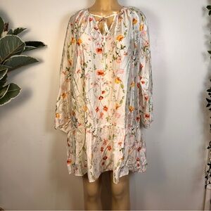 H&M White Floral Mini Dress Sz M Long Sleeves Drop Waist